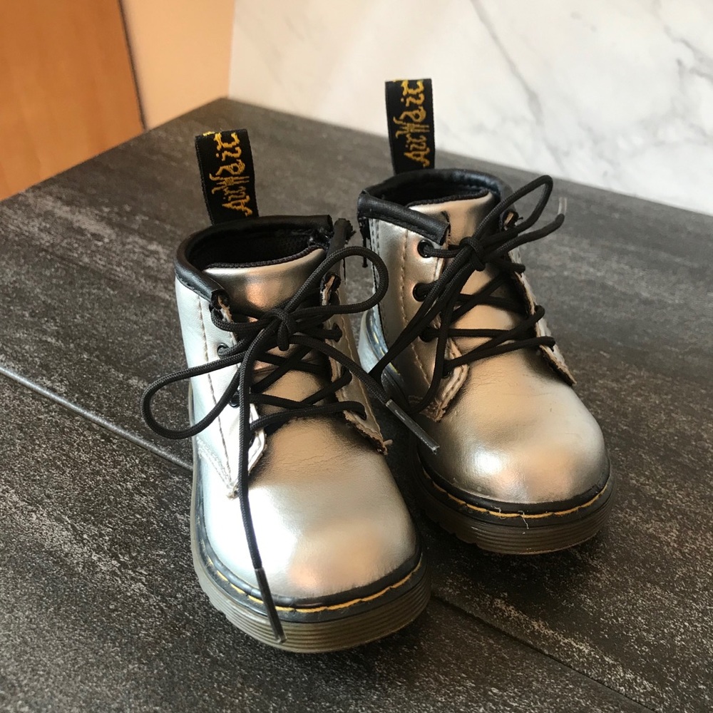 Dr. Martens Baby Lace Up Grey Silver Boots - Picture 2 of 7